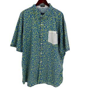 Blue green geometric design short sleeve button down shirt Enyce Sean Combs